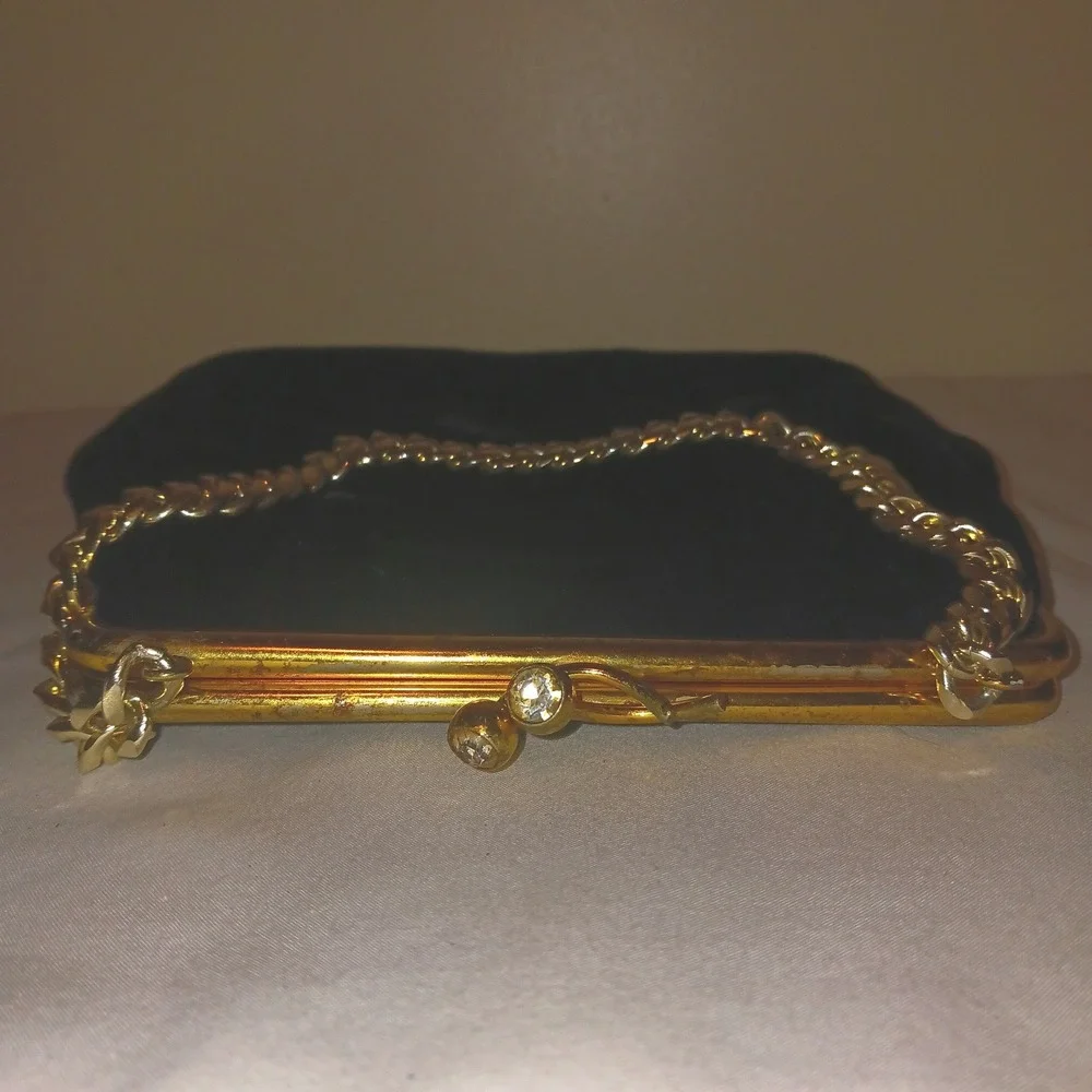 Vintage Old Hollywood Black Velvet Evening Bag Purse Rhinestone Kiss Lock